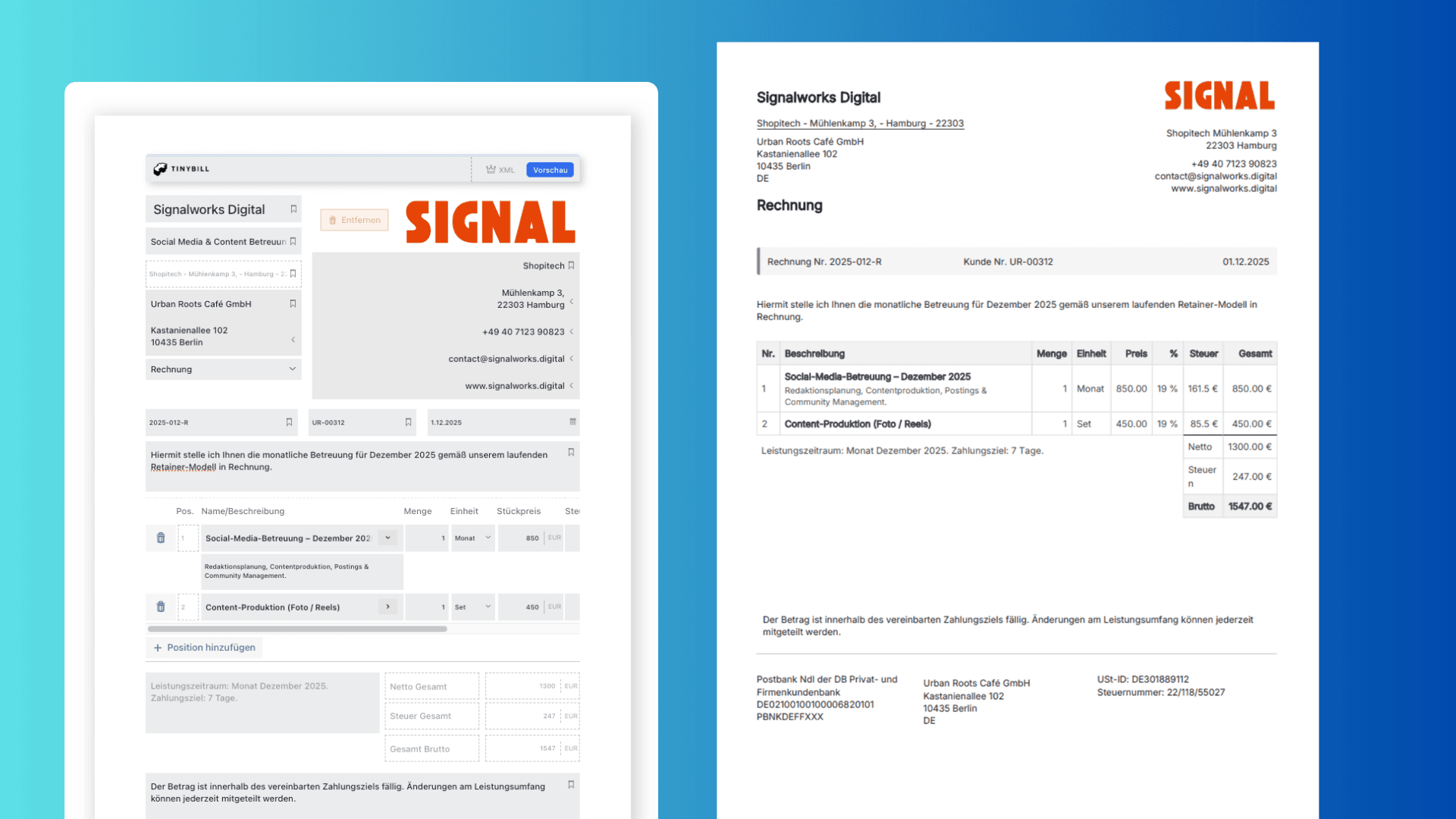 TinyBill Rechnungsoberfläche